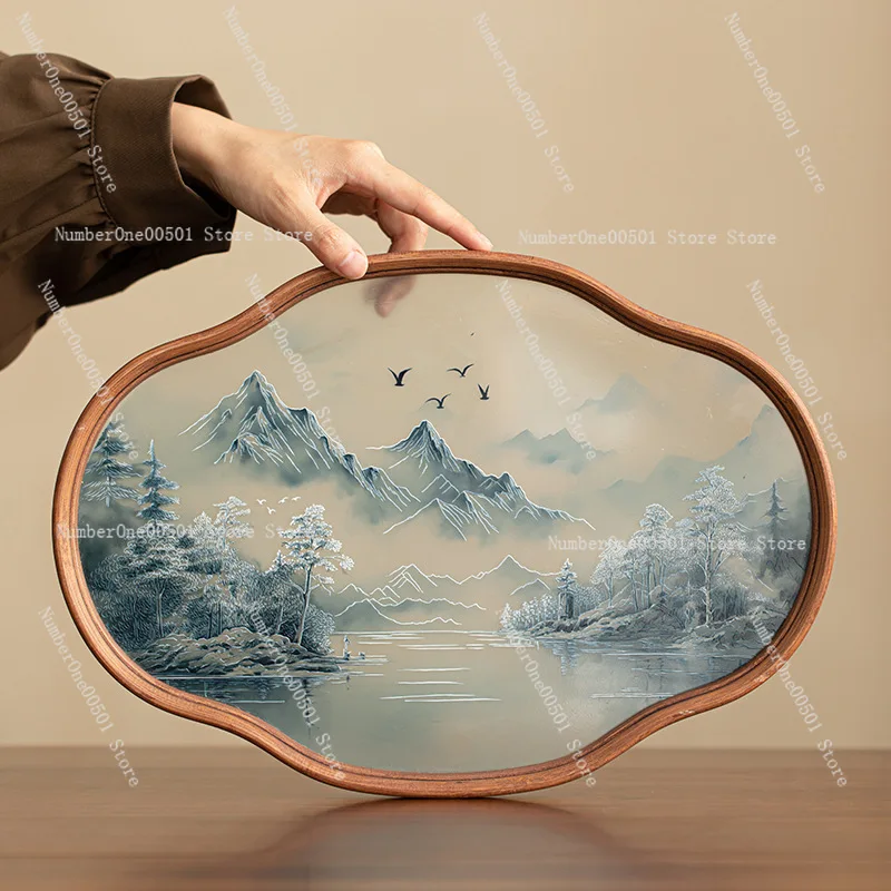 Chinese Style Tray Teapot Tray Glass Tea Plate with Landscape Painting Peony Pattern for Home Tea Ceremony