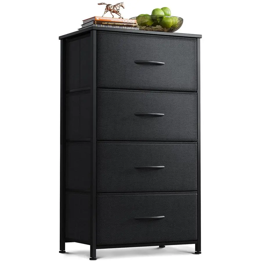 

Dresser for Bedroom with 4 Storage Drawers, Small Dressers Chest of Drawers Fabric Dresser with Sturdy Steel Frame, Black