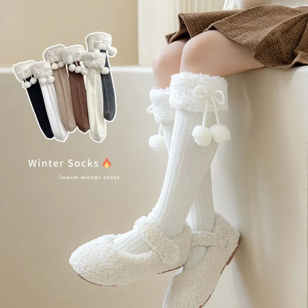 

Cute Long Tube Sock Lamb Wool Stocking Cotton Korean Style Plush Hosiery Cloth Accessories Autumn&Winter Bow Socks Kid