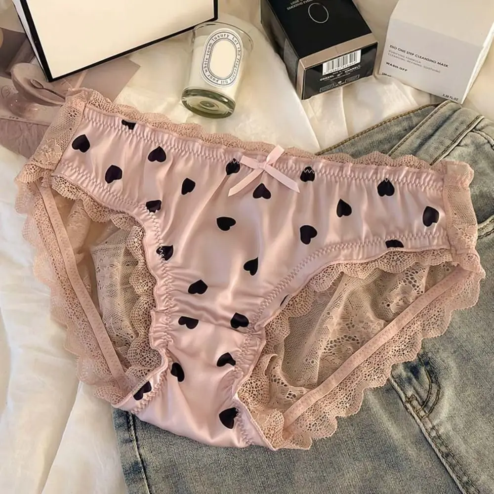 Doce cetim de seda renda arco calcinha amor padrão roupa interior transparente malha flor meados cintura briefs para mulher verão