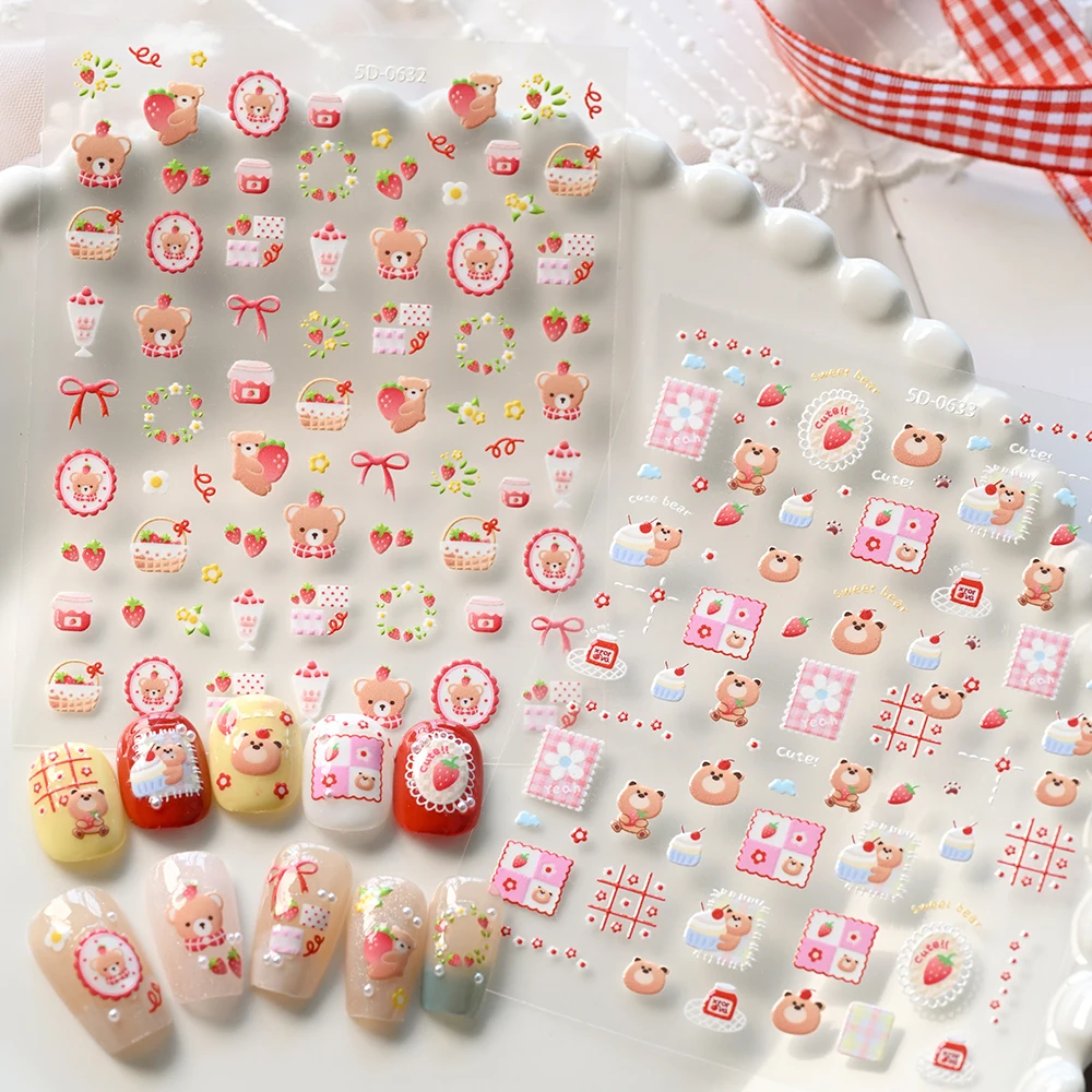 1sheet Cartoon Bear Cute Nail Stickers Strawberry Bow Wreath Lace Self-Adhesive Nail Decals Sliders Kawaii Bear Relief Manicure