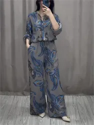 Set da 2 pezzi con stampa Vintage da donna 2024 camicia a maniche lunghe con scollo a v primaverile pantaloni a gamba larga con lacci vestito nuovo vestito estivo con bottoni 2 pezzi