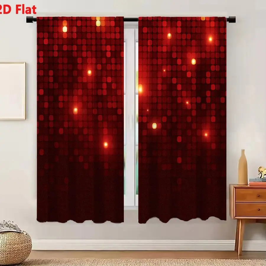 2Pcs Curtains 2D Flat Deep Red Pixelated Grid With Glowing Orange And Yellow Bokeh Lights Abstract Modern Nightclub Atmosphere W