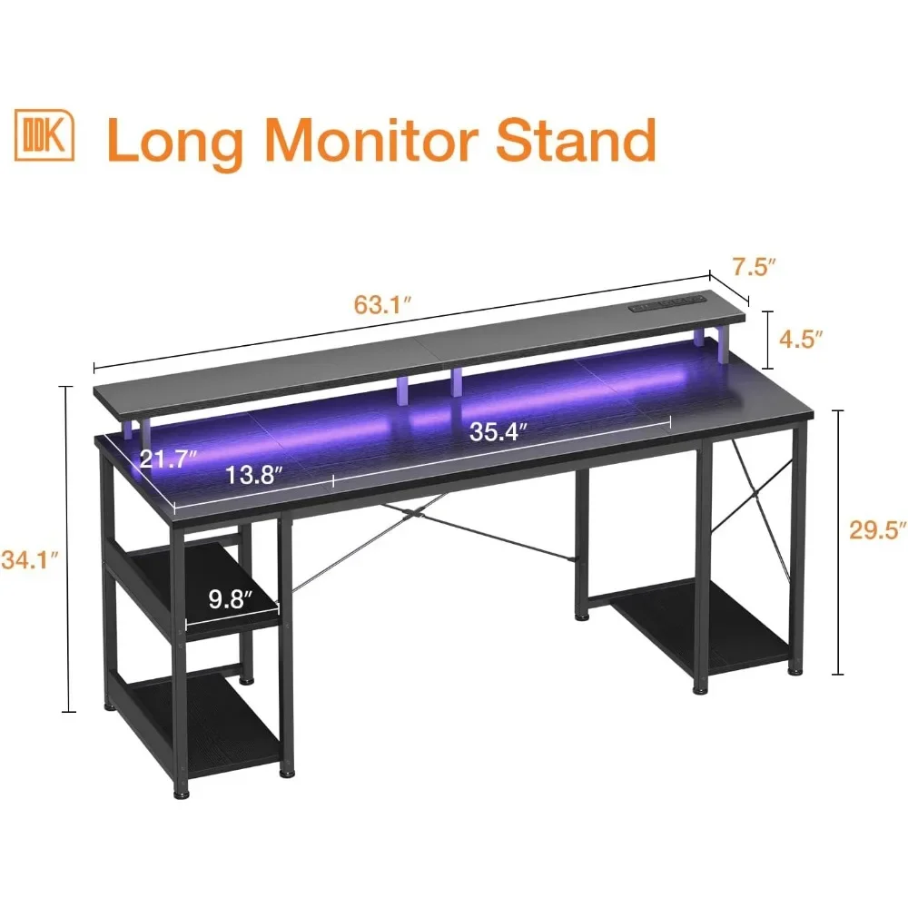 63 inch Computer Desk with Power Outlets & LED Lights, Gaming Desk with Monitor Stand & Storage Sheves, Home Office Desk