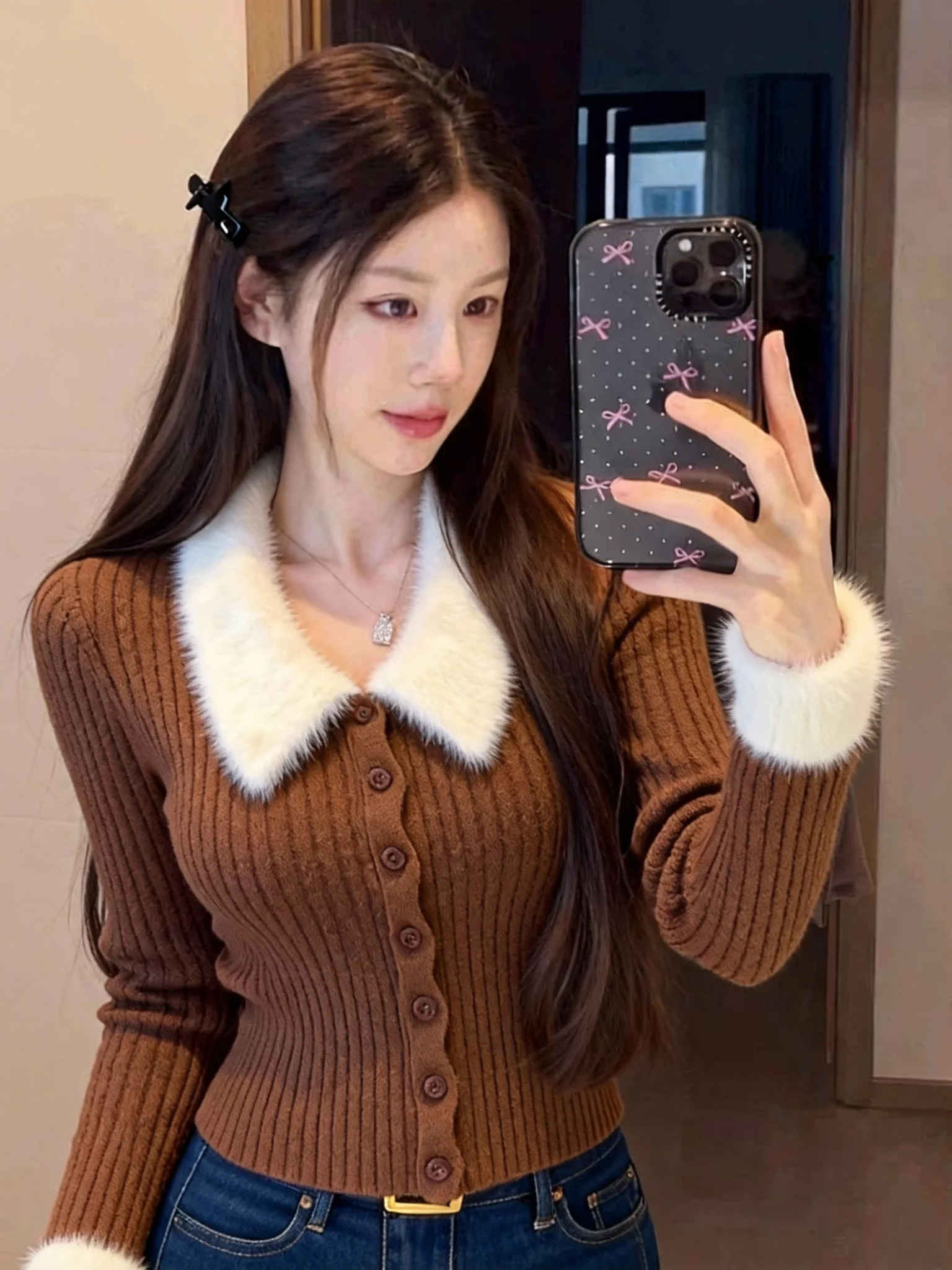 

Шикарный вязаный свитер в корейском стиле с меховым воротником-куклой, женский, приталенный, на одной пуговице, в стиле Pure Desire Spicy Girl, с рукавом 3/4