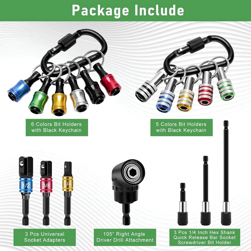 18 pçs bit titular chaveiro gadgets, adaptador de broca de ângulo reto, 1/4 Polegada 3/8 Polegada 1/2 Polegada adaptador de soquete de broca, 11p bit titular