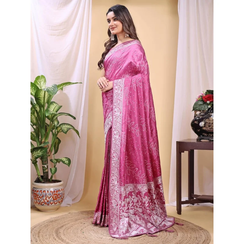 Women’s Pink Banarasi Silk Saree with Zari Woven Border & Blouse Piece – Traditional Indian Wedding Party Saree - view 3