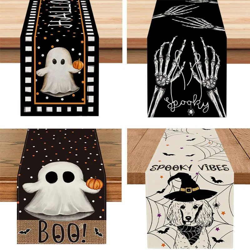 Halloween Table Flag Black and White Checkered Cat Ghost Print Fabric Dining Table Mat Home Decoration Coffee Table Flag