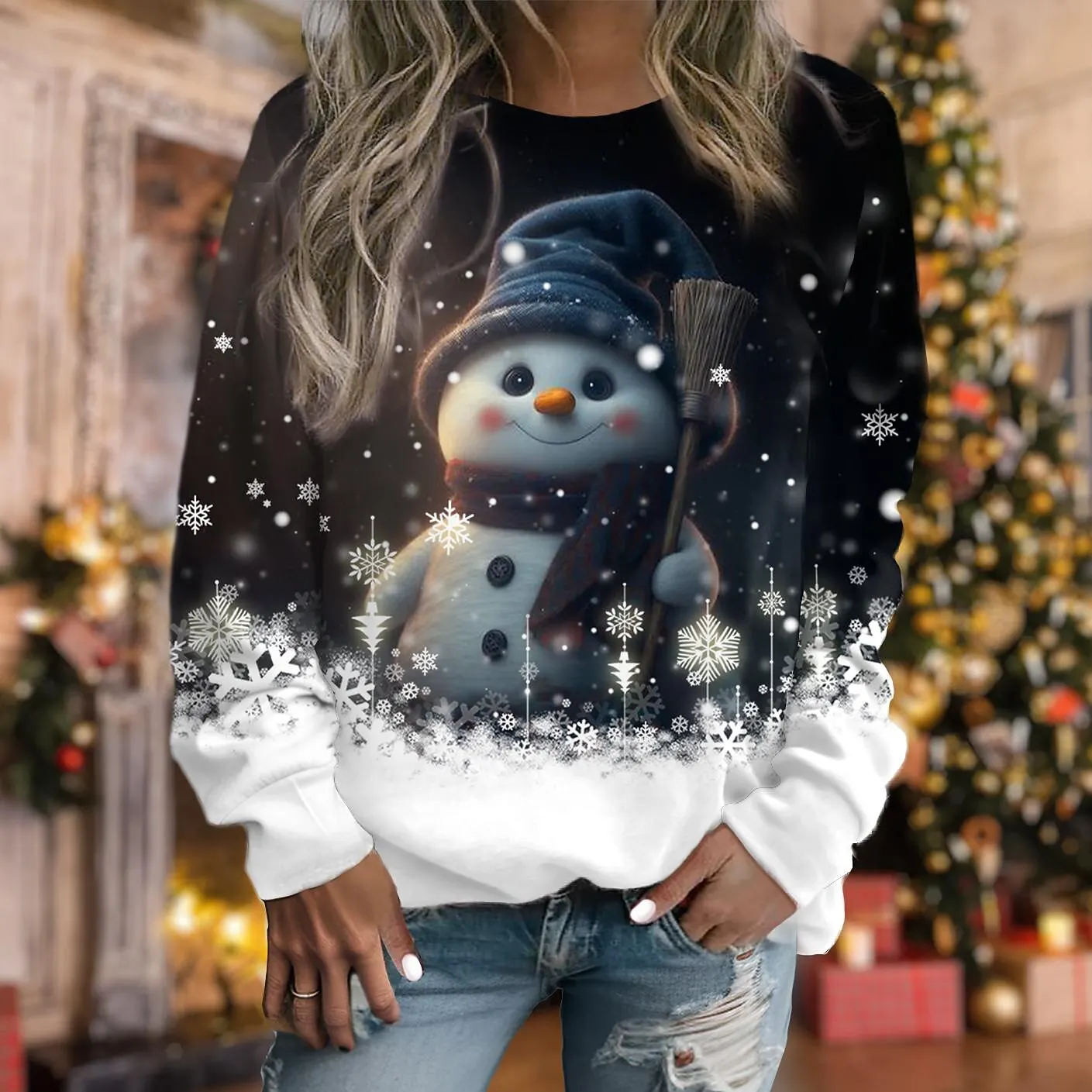 Ugly Christmas Shirt Women's T-shirt Black and White Cat 3D Printed Long Sleeve Weekend Festival Funny Round Neck Top