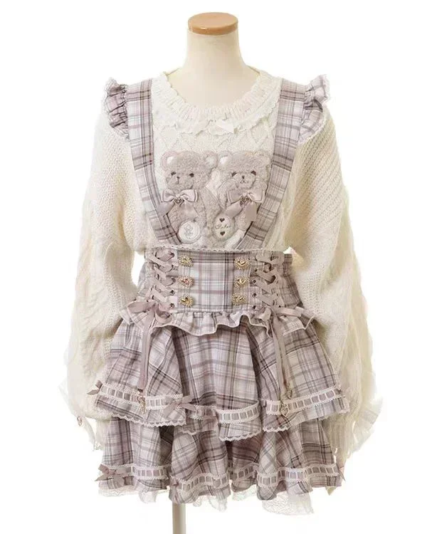 Japanese Mine Liz Sweet Girls Plaid Skirt Women\'s High Waist Bow Lace Strap Skirt Women\'s Loose Bear Print Sweater Top Spring