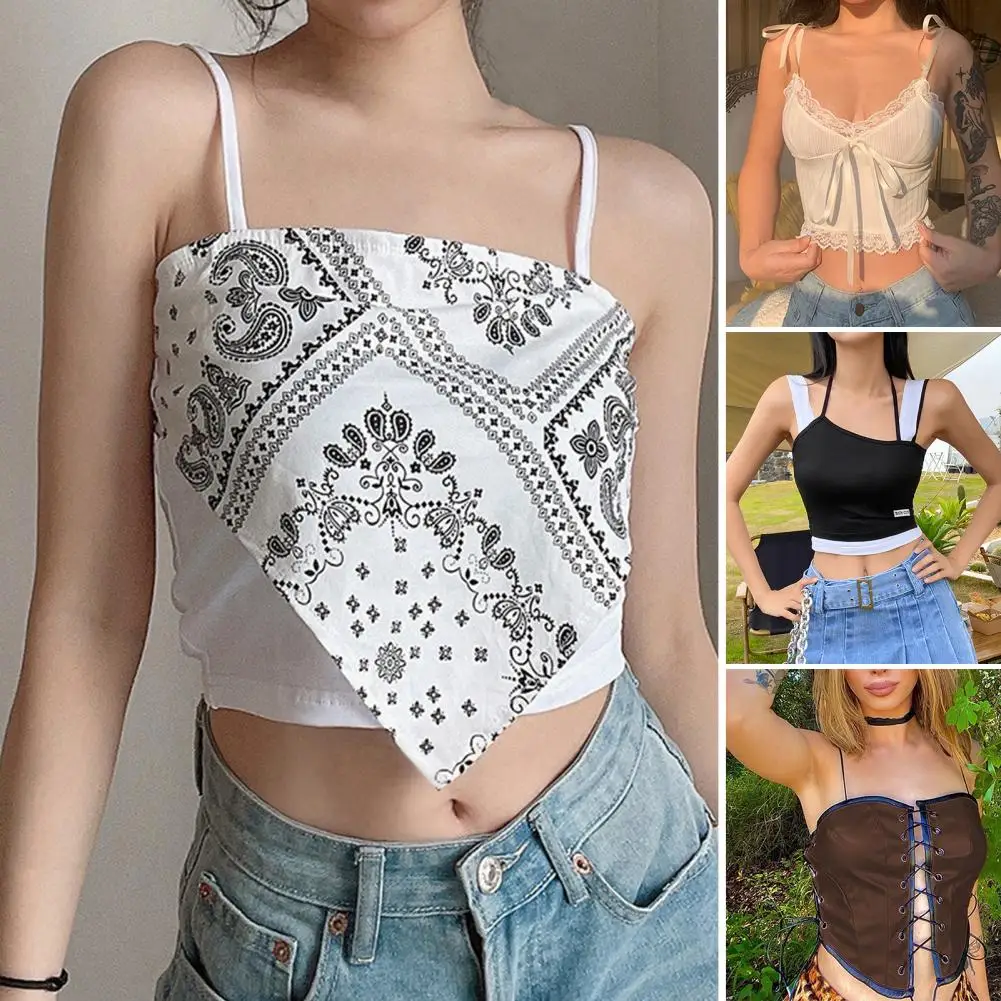 Summer Fashion Women Crop Top Lace Sexy Sweet Close-fitting Cool Navel-exposed Spaghetti Strap Stretchy Women Vest Camisole