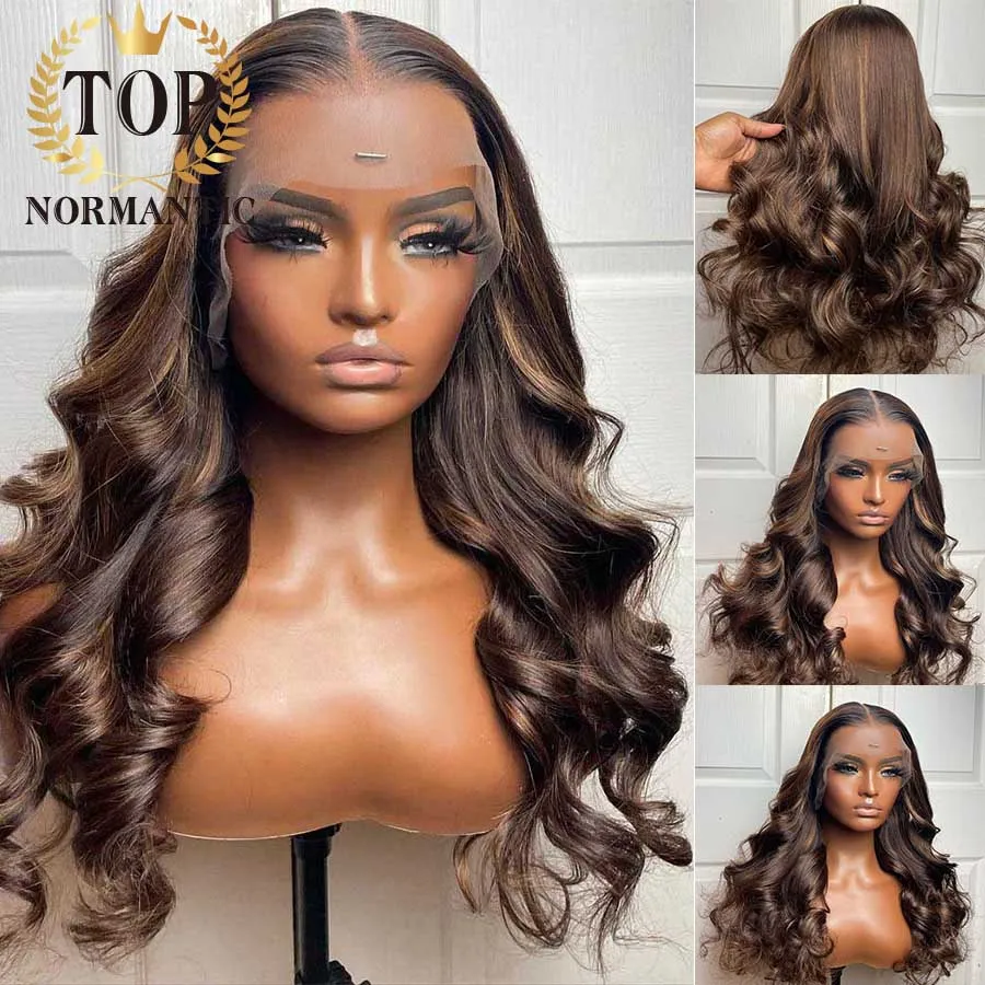 Topnormantic Dark Brown Highlight Color 13x4 Lace Front Wigs with Baby Hair Brazilian Hair 4x4 Transparent Lace Closure Wig