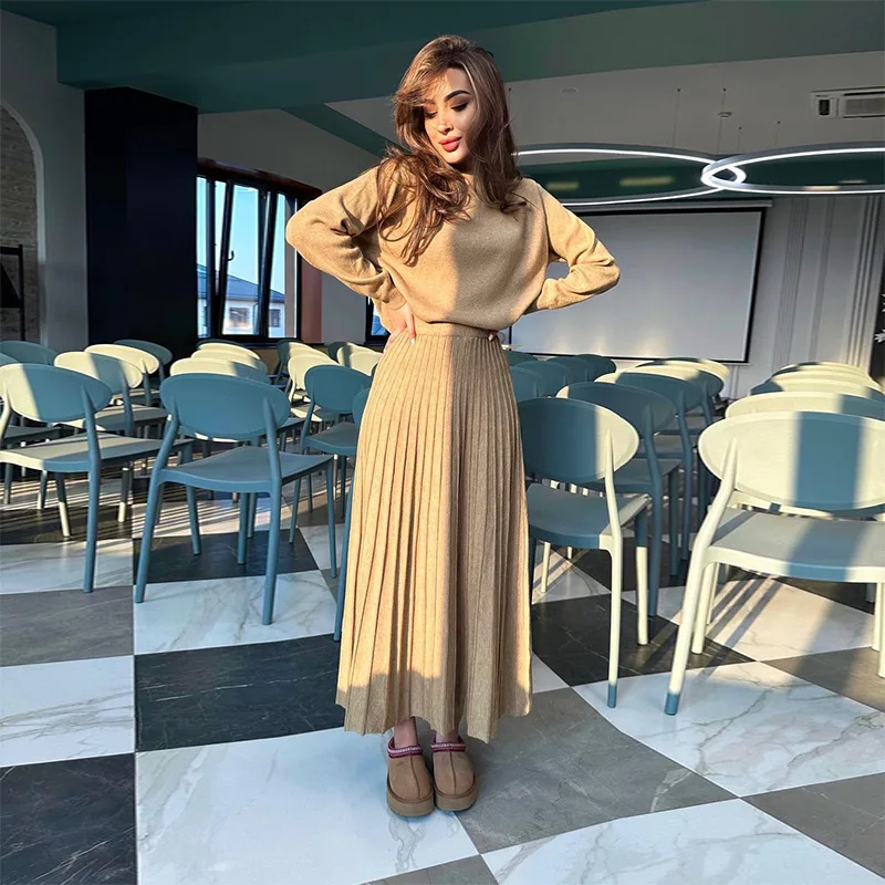 Women Eid Muslim Dresses Musulman Ensemble Two Pieces Arab Dubai Kaftan O Neck Solid Tops Morocco Pleated Skirts Casual