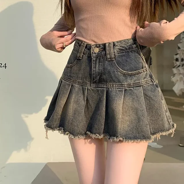 Deeptown Vintage Denim Spódnica Kobiety Plisowane Seksowne Krótkie Spódnice Retro Koreańska Moda Estetyka Casual A-line Streetwear Jean Spódnica