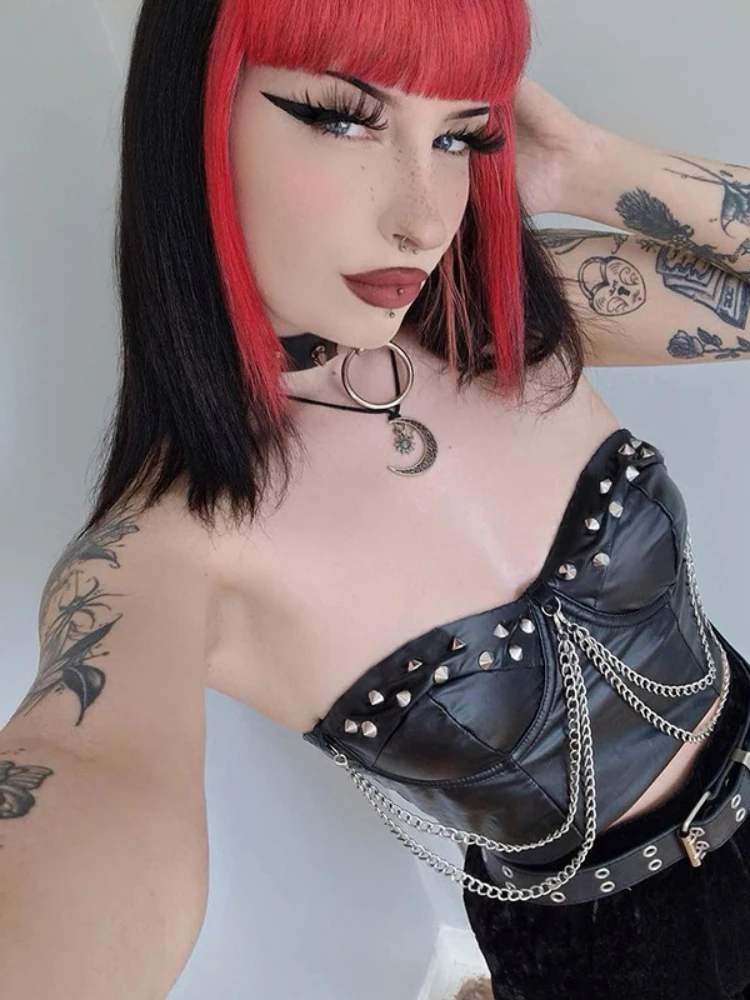 Gothic Dark Style Rivet Chain Leather Vest 2025 New Sexy Slim Slim Trouble Top for Women