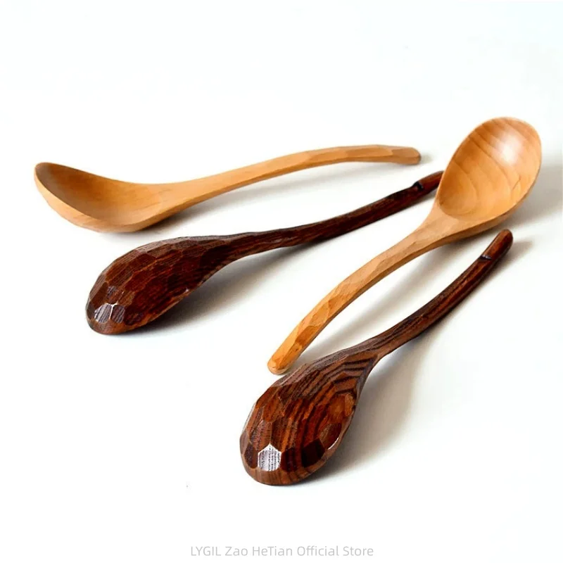 2Pcs Wooden Spoon Long Handled Ramen Soup Spoon Big Japanese Style Kids Rice Dessert Cereal Dinning Spoon Wood Kitchen Tableware