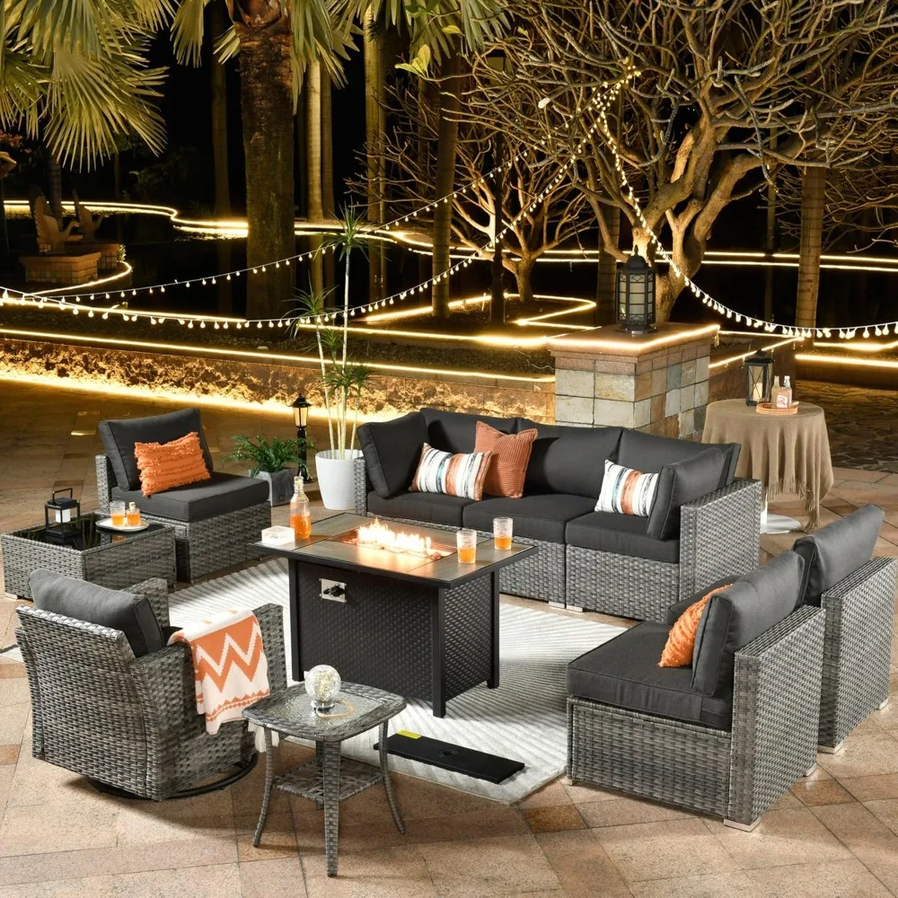 

10 Piece Outdoor Patio Furniture Set with Fire Pit Table,Conversation Sectional Wicker Couch with Swivel Chairs,Outside Sofa