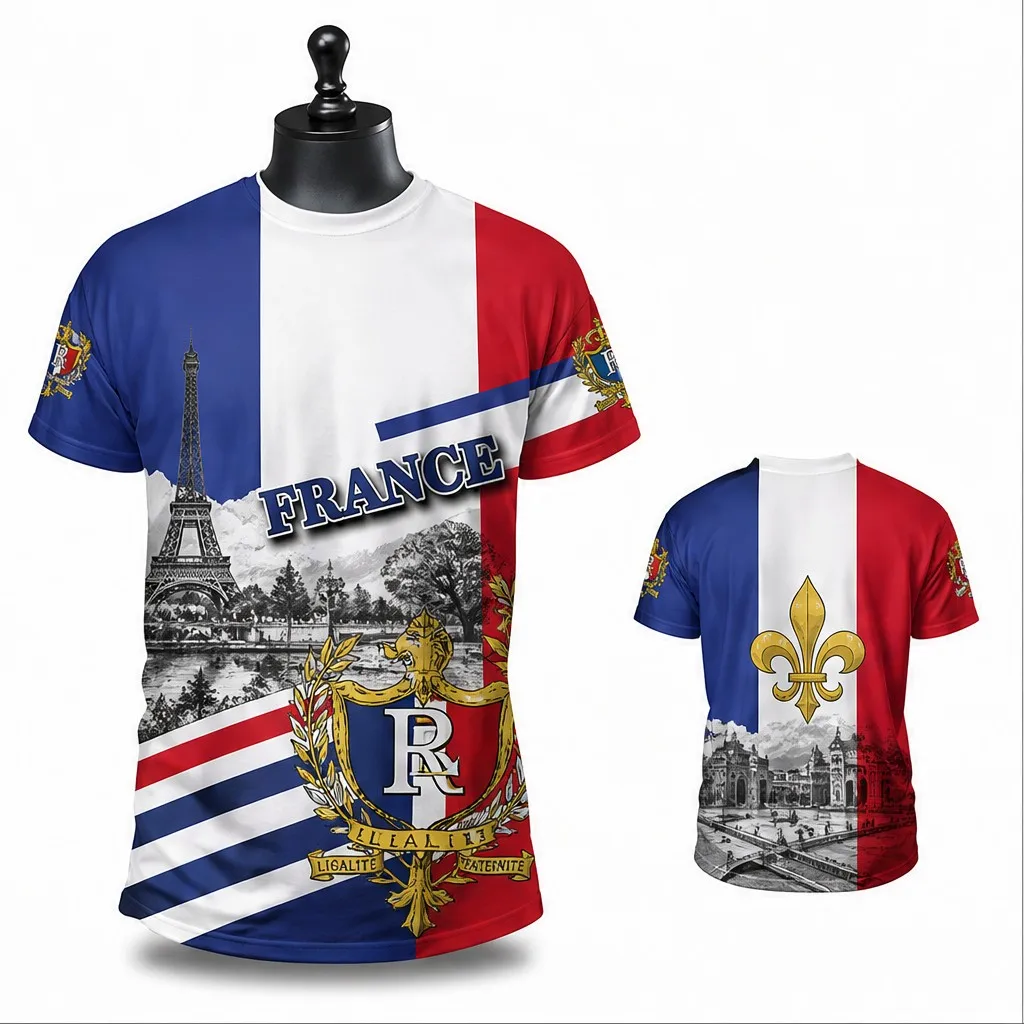 Mens France round neck T shirt with Eiffel Tower cityscape crest print bold tricolor layout and fleur de lis back art daily wear