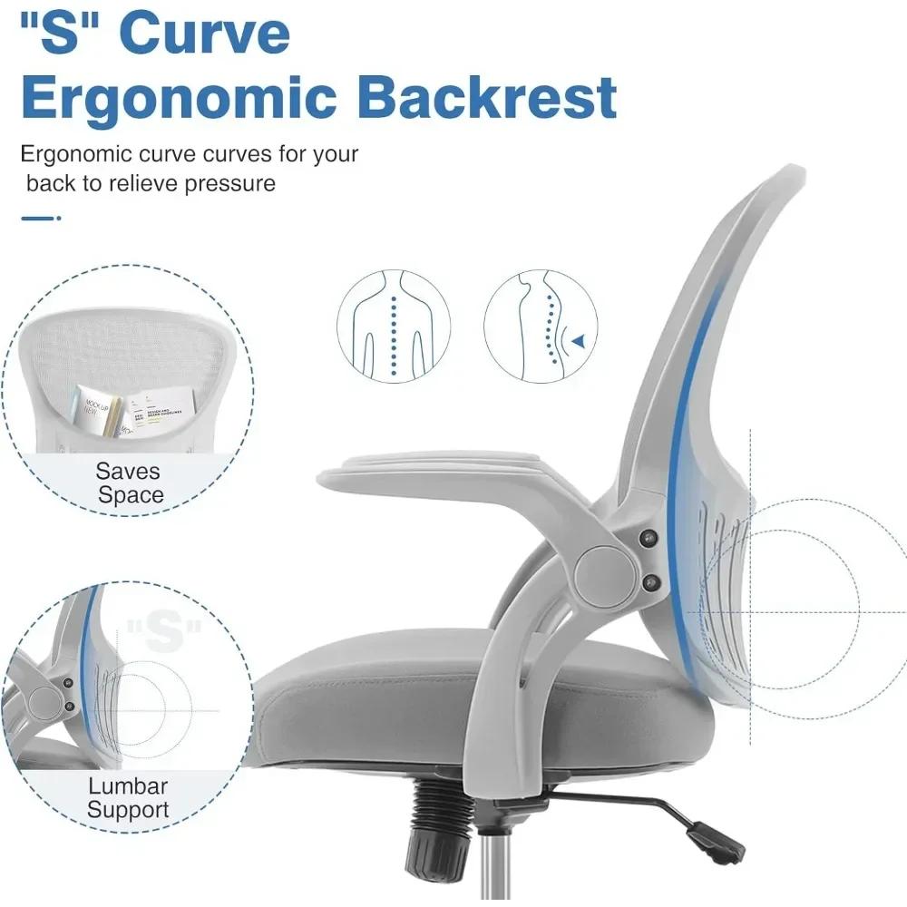 Ergonômica Mesh Desk Chair com Apoio Lombar, Cadeiras de Computador, Braço, Rolling Swivel, Ajustável, Cinza, Casa, Escritório