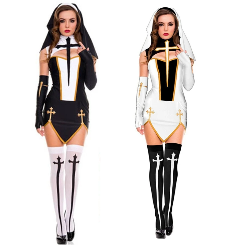 Nun Costume Nun Dress Hat for  Pendent Necklace Gloves Knee Thigh High Socks for Halloween Cosplay Carnival Theme