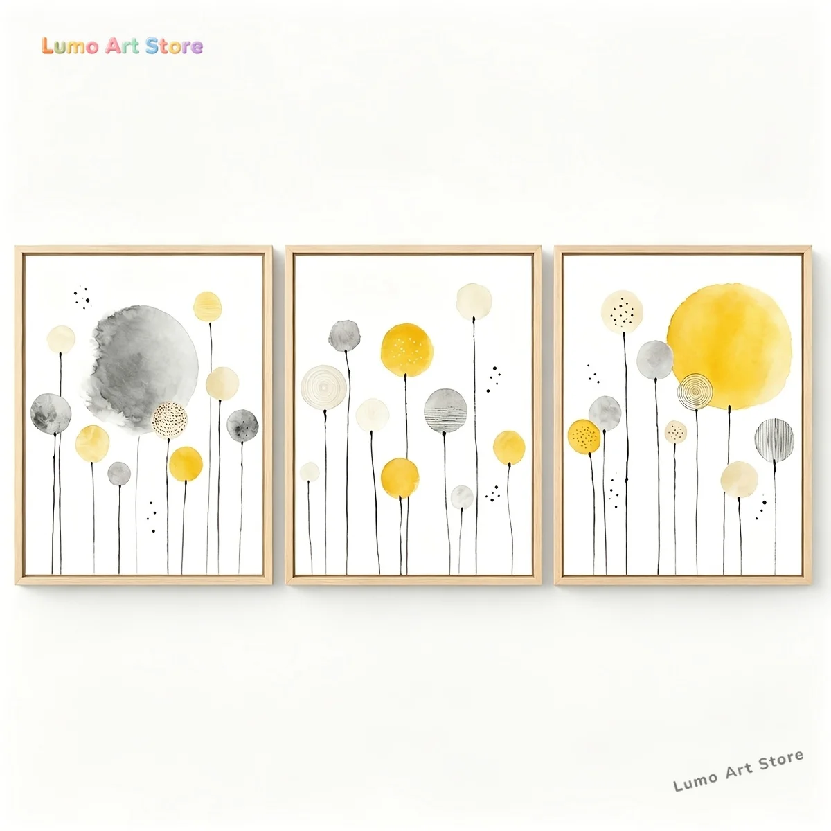 2D Flat, Set of 3 Modern Nordic Minimalist Abstract Dandelion Posters - Yellow Grey Watercolor Bubble Round Bubble Suitable f