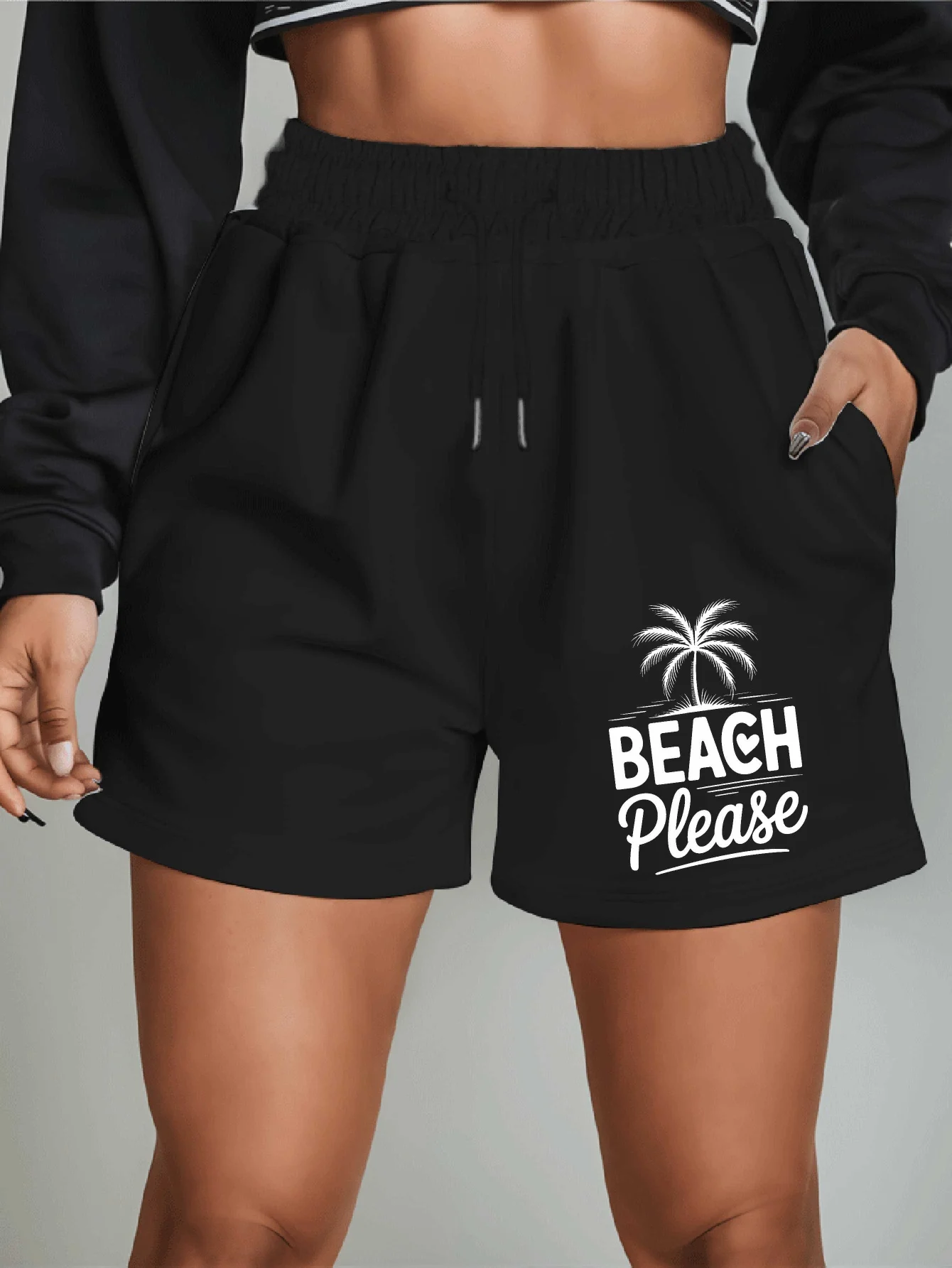 2026 New Summer Palm Tree and Letter Print Drawstring Shorts for Women  Loose Fit Suitable for Fitness and Home Wear