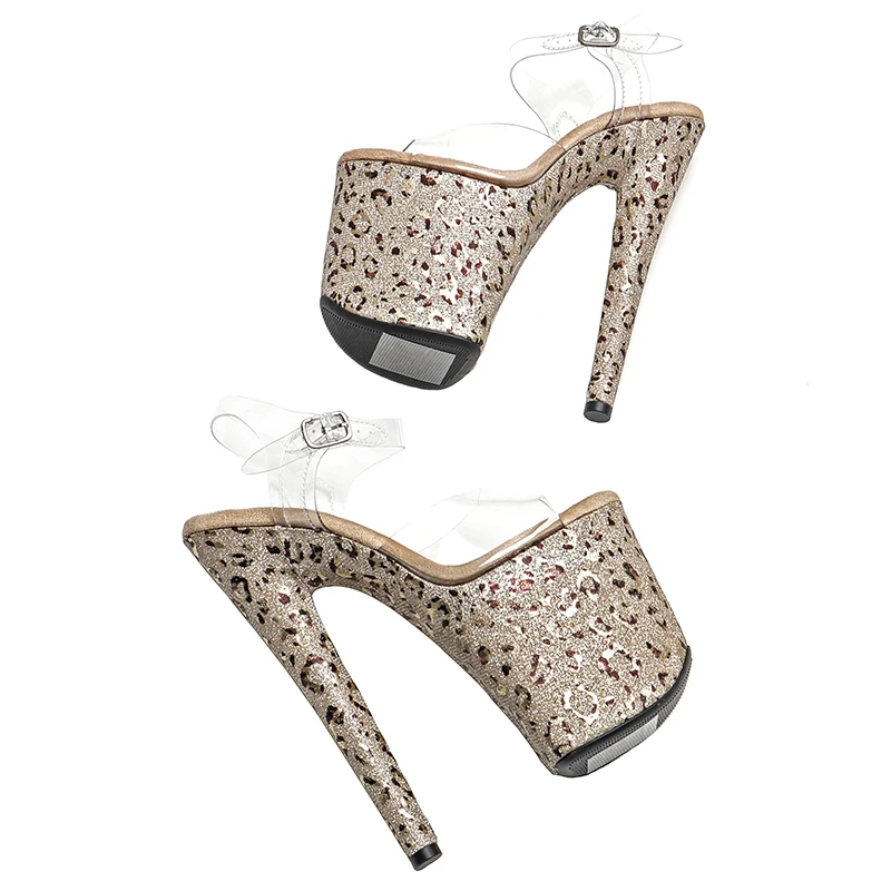 Leecabe  8Inch/20cm Clear PVC upper  with Glitter Leopard  Platform  High Heels party Sandals  stripper heel Pole Dance Shoes