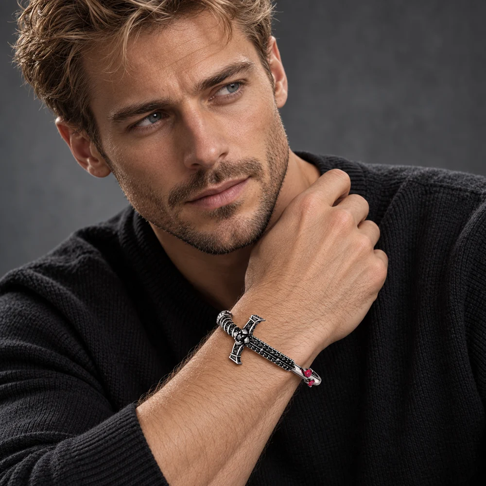Schwert mit Armband aus schwarzem und rotem Stein, europäische Marke, neu, aus reinem 925er Sterlingsilber, edler Schmuck, Vintage-Geschenk für Damen und Herren. – Detail 3