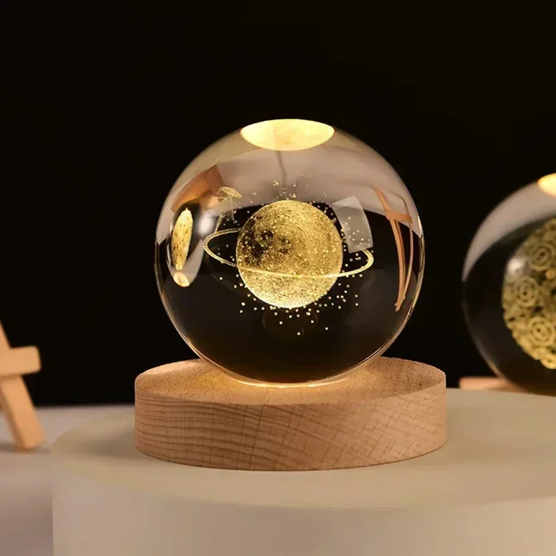 3D Crystal ball Crystal Planet Night Light DIY Laser Engraved Solar System Globe Astronomy Birthday Gift Home Desktop Decoration