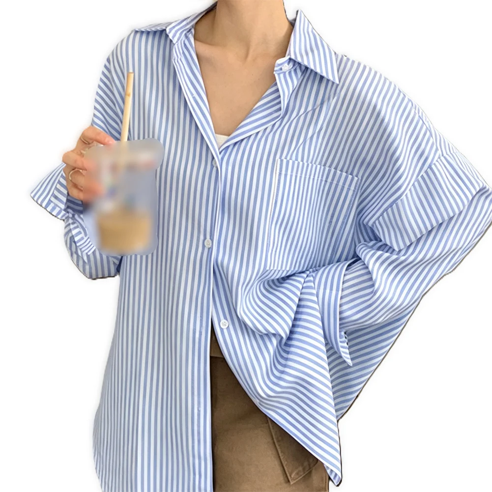 For Stripe Oversized Shirt Coat for Women with Classic Turn-Down Collar Polyester Construction for Comfortable Four-Season Wear