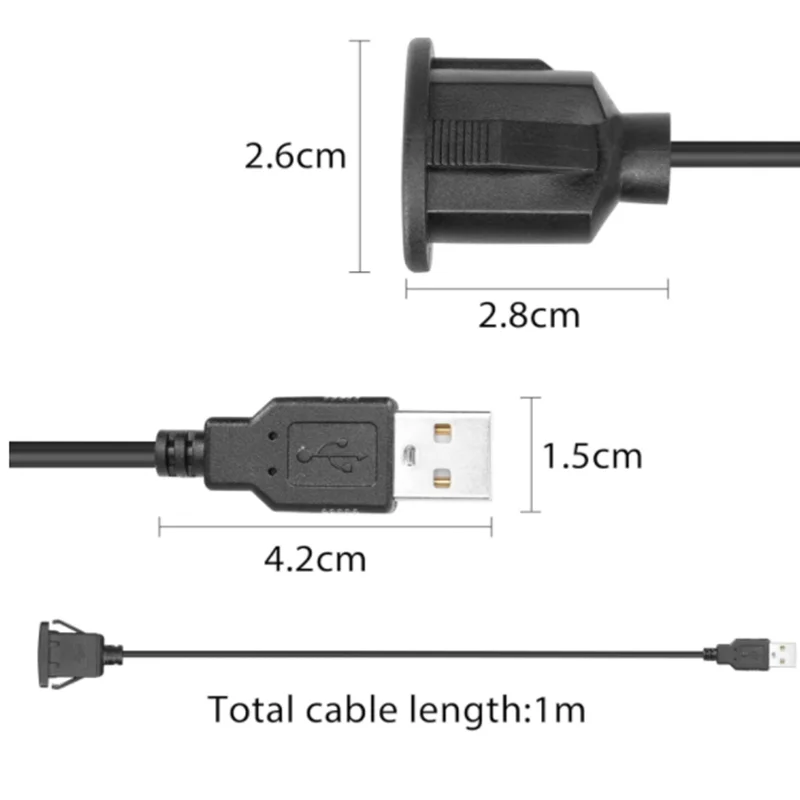 USB 2.0 Dashboard Panel Dash Mount Extension Cable with Buckle for Car Truck Boat Motorcycle Dashboard