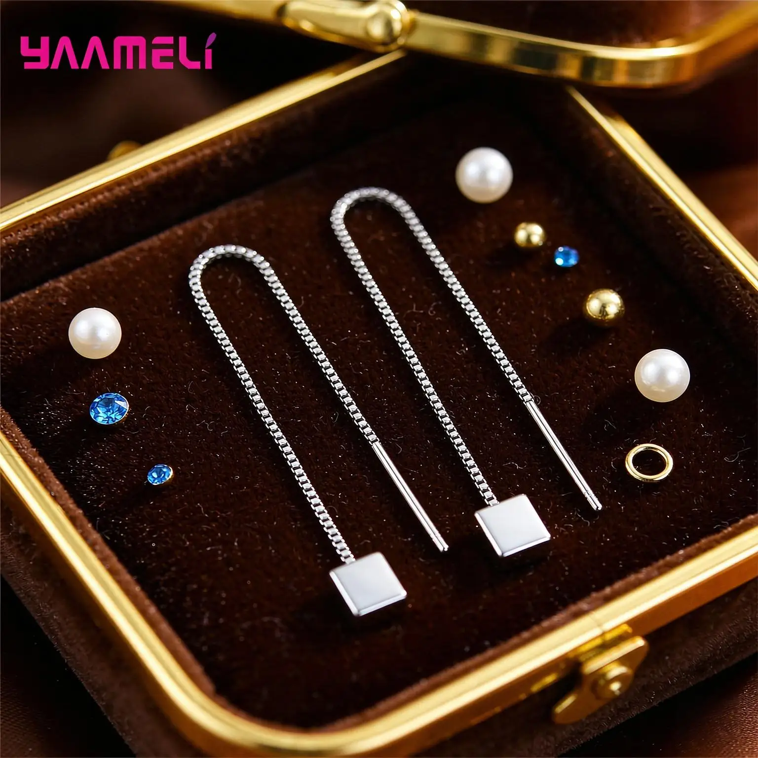 Minimalist 925 Sterling Silver Geometric Long Box Chain Thread Earrings for Women Girls Anniversary Party Fashion Jewelry Gifts