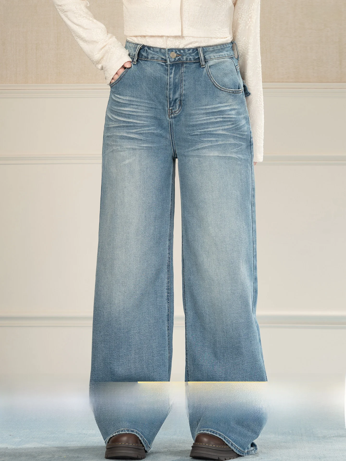 

Heynew plus Size Women's Blue Straight Leg Floor-Length Jeans High Waist Hiding Hip Flattering Long Trousers