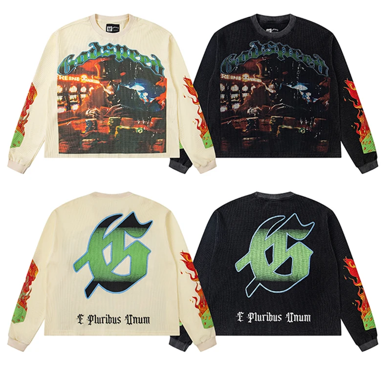 

Классическая черная абрикосовая короткая стильная вафельная футболка Godspeed с длинными рукавами и круглым вырезом, повседневные мужские и женские футболки нового тренда GOD SPEED