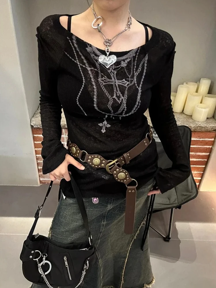 Langarm Sexy Y2k T-shirt Frauen Tops High Neck Schwarz Gothic Tees Kreuz Hohl Abnehmen Unten Gestricktes Hemd Frauen Halloween