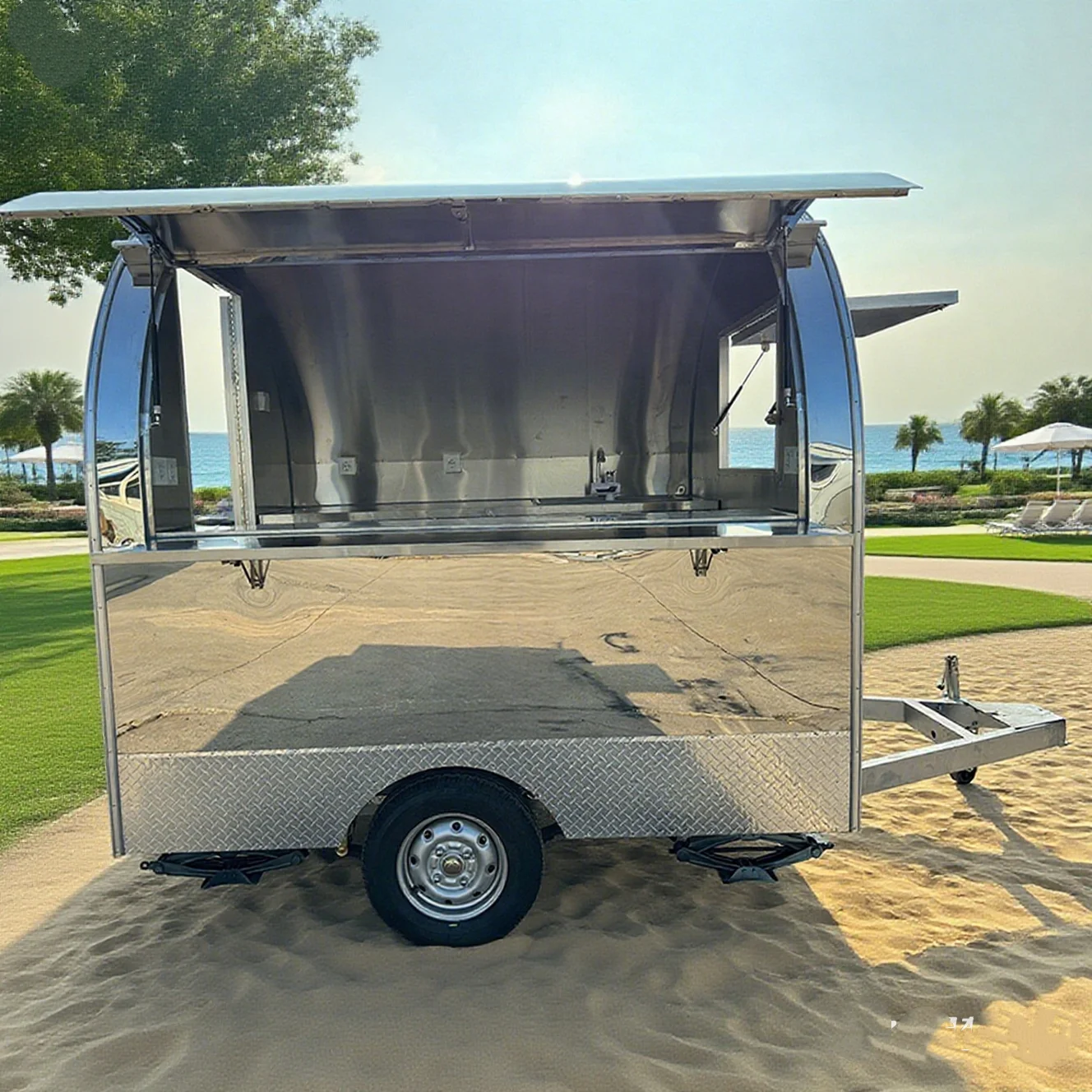 

Stainless steel customization Food Truck Trailer Cart Caravan Hamburger Shape Mobile Business Factory off road camper trailers
