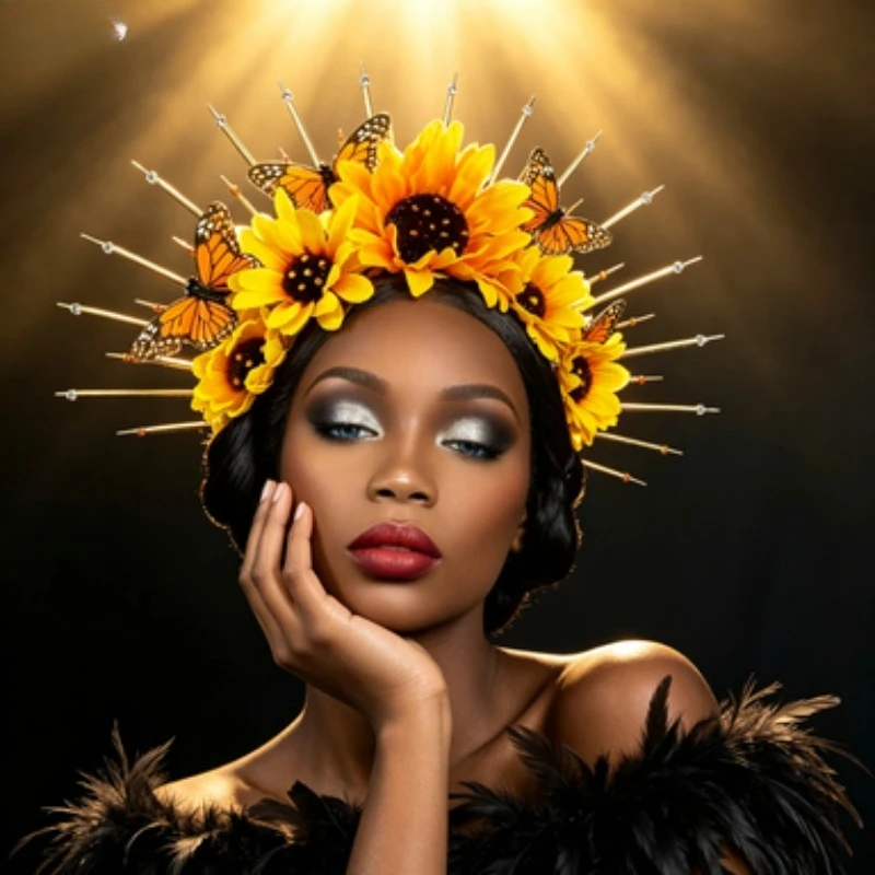 Golden Spike Sunburst Halo Headpiece with Sunflower and Butterfly Decor,Crystal Rhinestone Crown,Frida Inspired Costume Headwear