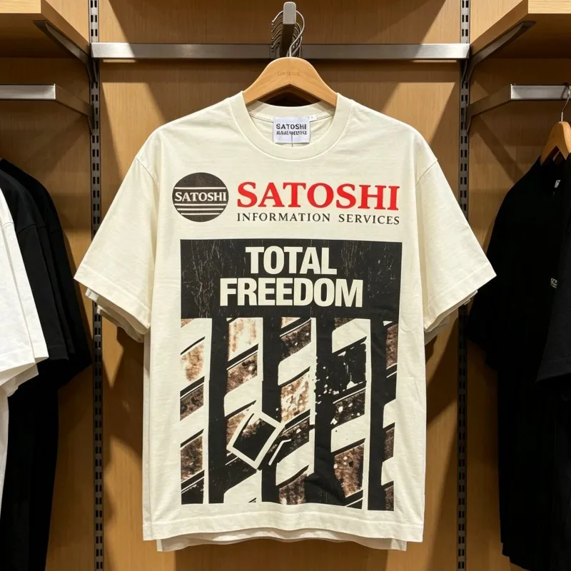 High Street Retro Washed Satoshi Tshirts Cotton Round Neck Short Sleeve White Ink Direct Spray Free Space Print Tops Men Women