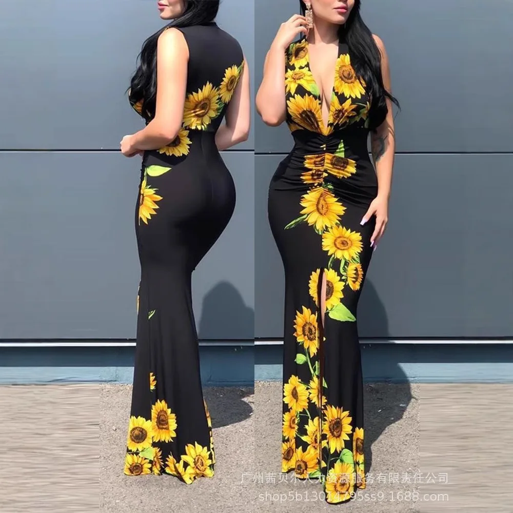 

Party Dress Women Dresses Sleeveless Sexy V Neck Print Buttocks Slim Bodycon Floor Length Dress 2025 Shirring High Waist Beach