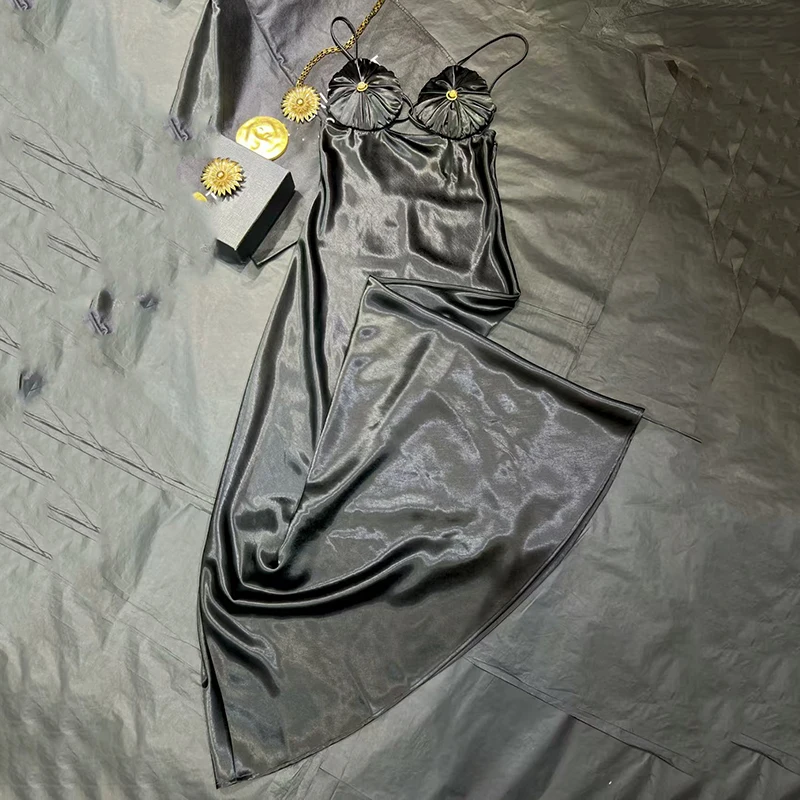 2025年夏新作 レディース サテン スリムフィット ノースリーブ ロングドレス セクシー バックレス サスペンダー ミディ丈ドレス 宴会 パーティー ドレス