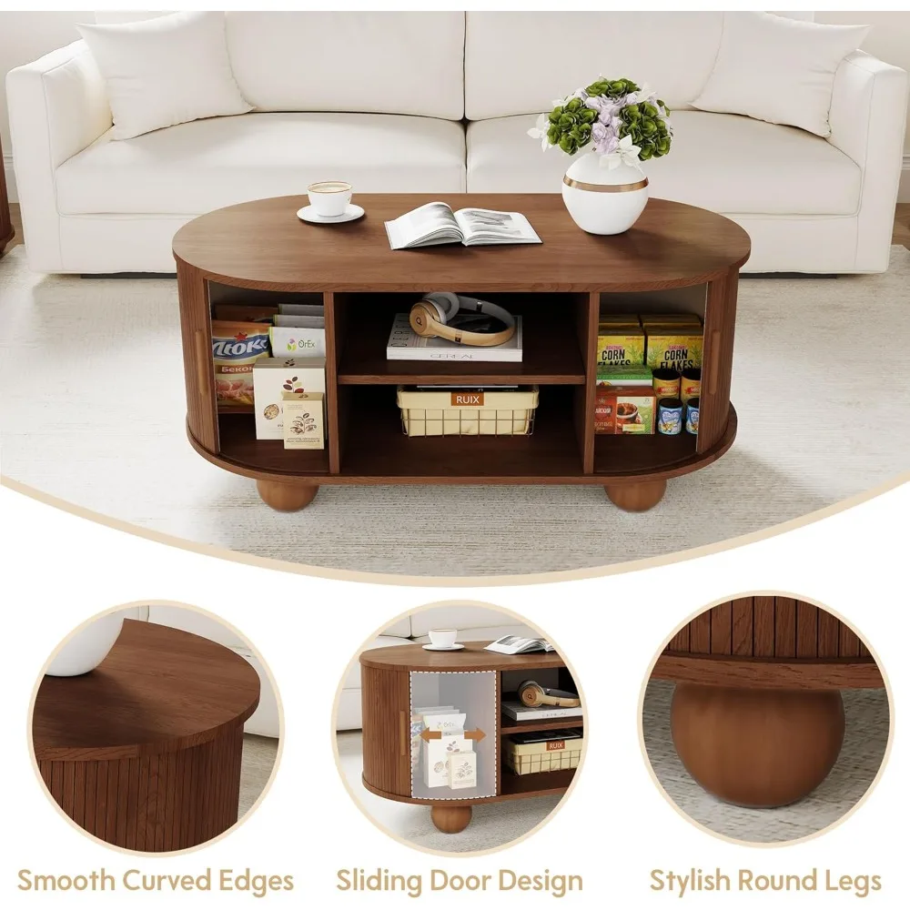 Rectangle Coffee Table, Mid-Century Modern Coffee Table with Storage & Sliding Doors, Fluted Coffee Table Center Table for Livin