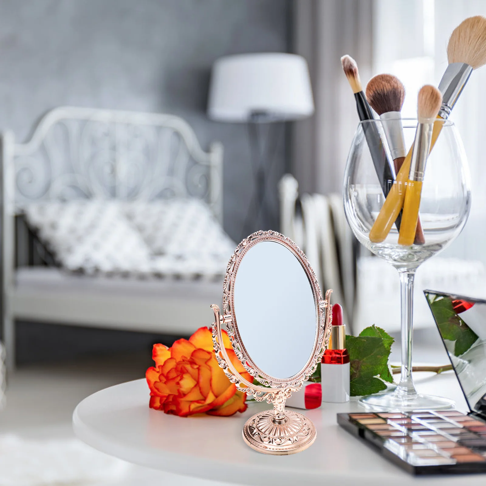 Espejo de belleza con aumento de escritorio de doble cara, diseño elegante de pie, mesa de maquillaje para el hogar, visión clara