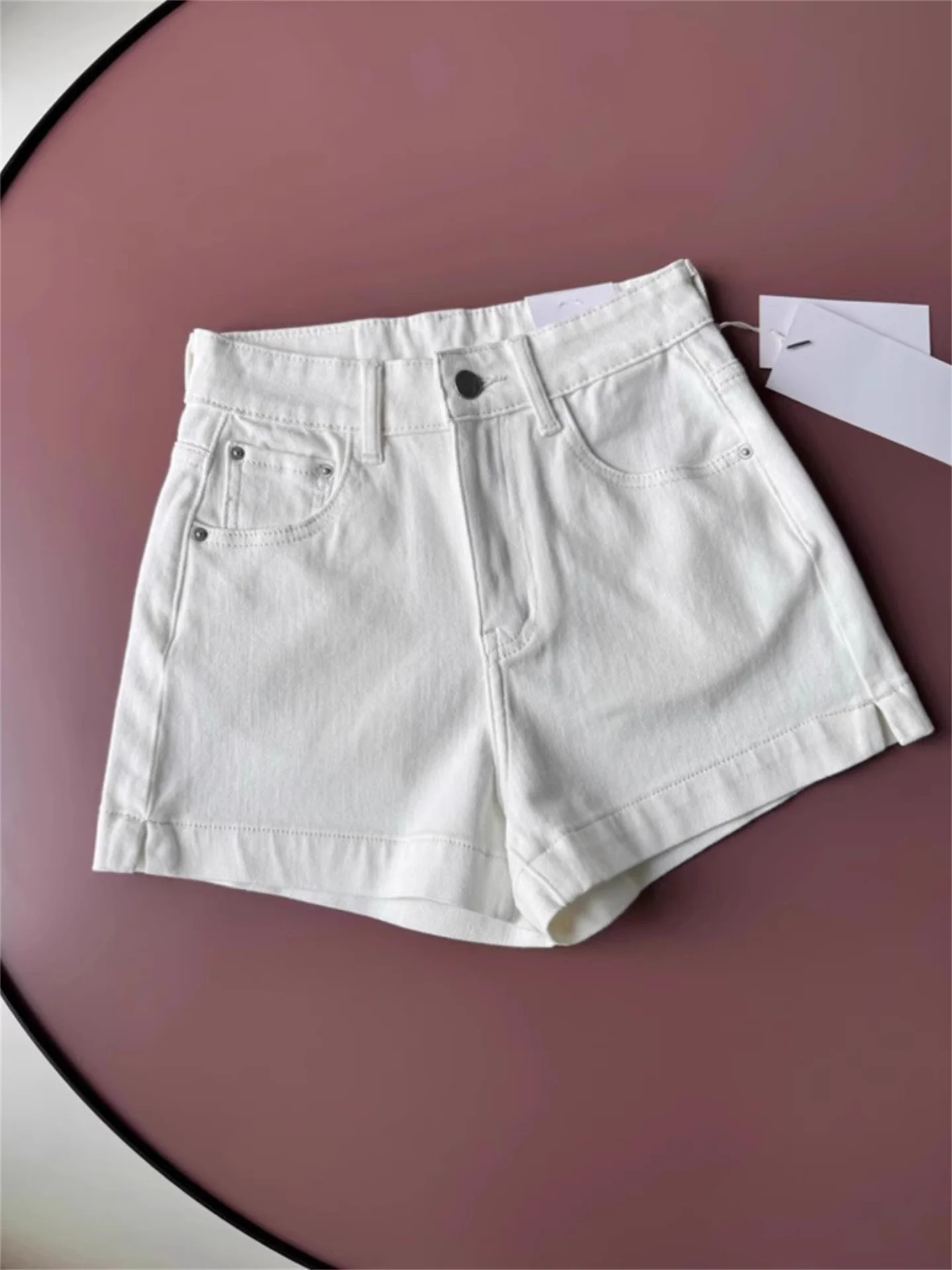 High-End Lightweight Washed White Simple A-Line Slimming Split Denim Shorts for Women Summer High Waist Wide Leg Jeans