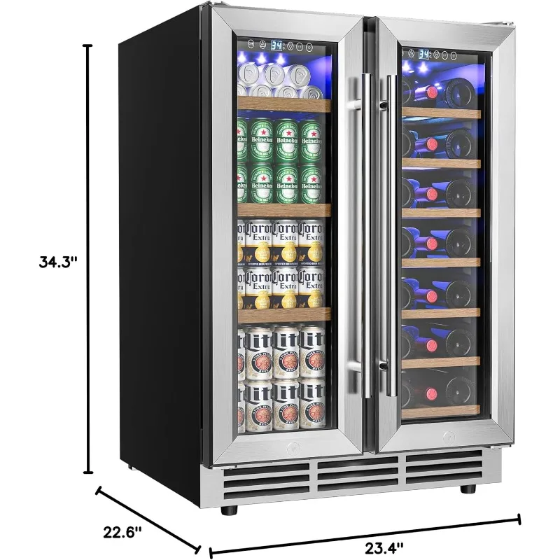 

Wine and Beverage Refrigerator, 24 Inch Dual Zone Wine Cooler with Glass Door Hold 21 Bottles and 88 Cans