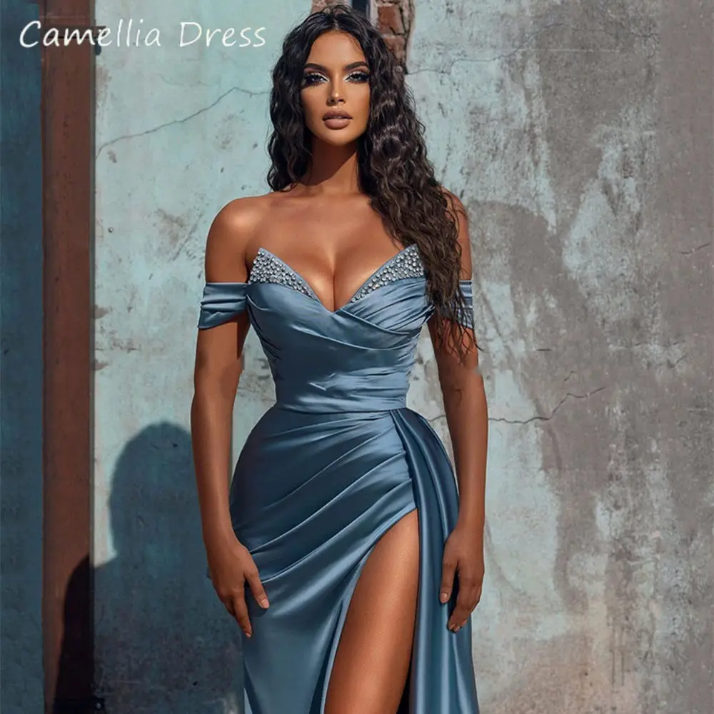 Seductive V-Neck Mermaid Off The Shoulder Evening Dresses Split Side Elegant Satin Floor Length 2023 Modern Evening Dress