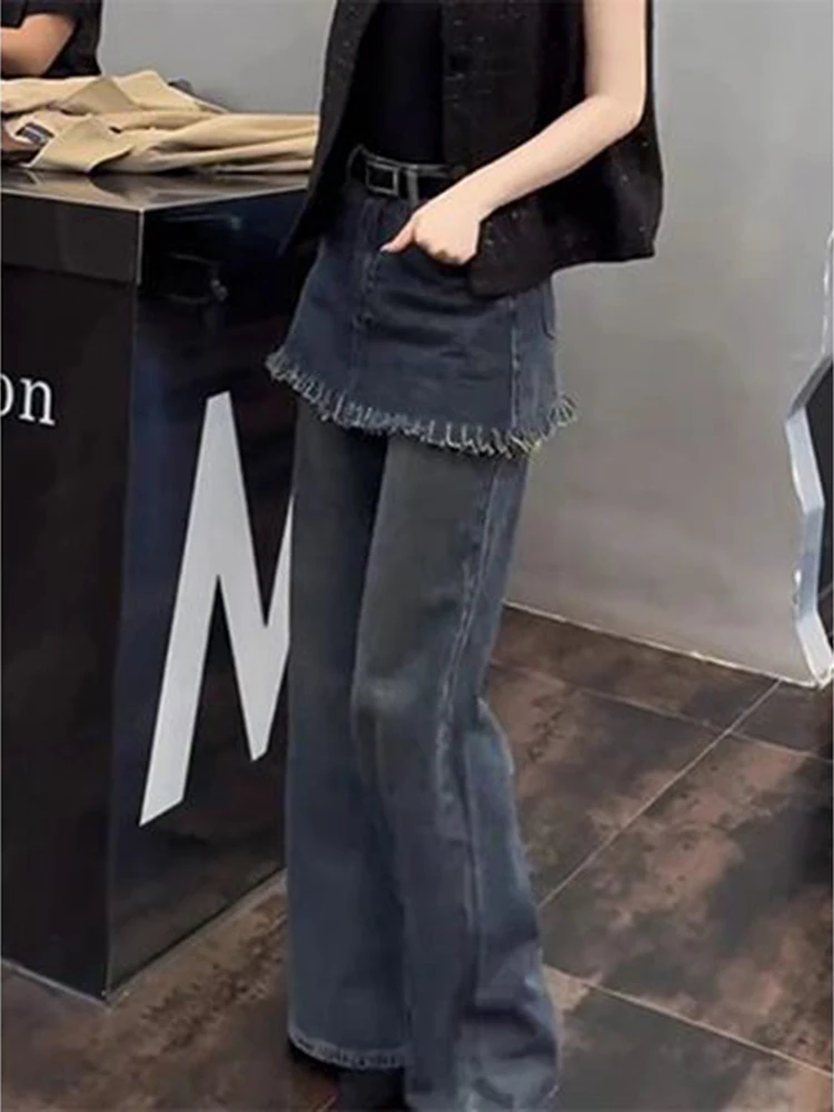 American style spicy girl fake two-piece design high-end denim micro flared pants new autumn versatile high waisted XJ615