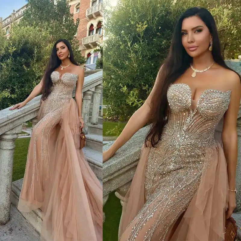 

Designer Mermaid Evening Dress Strapless Crystal Beaded Prom Gowns Fashion Sleeveless Floor Length Party Dresses Customized
