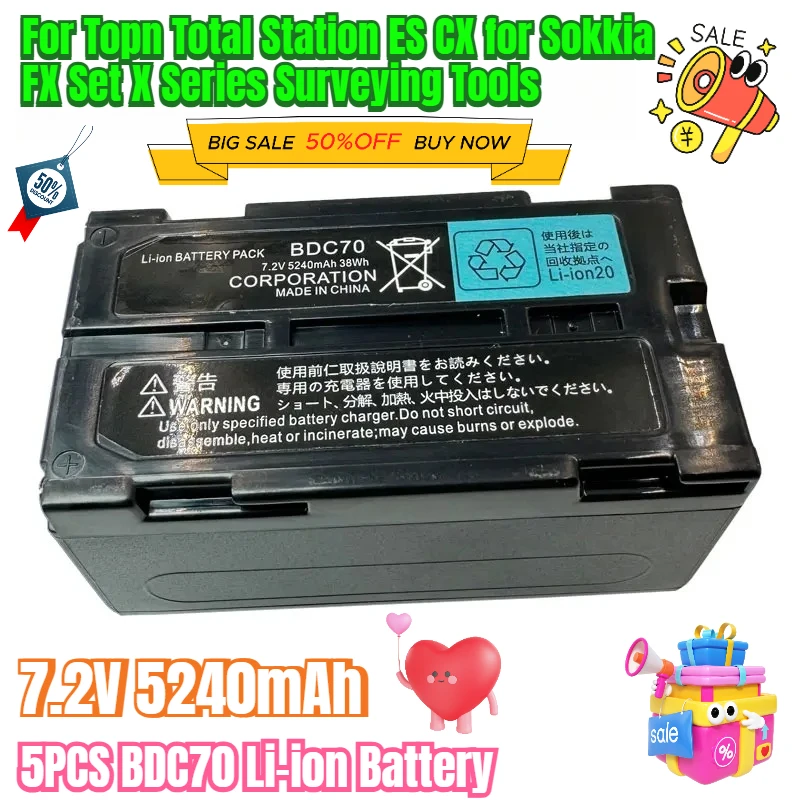 

7.2V 5240mAh 5PCS BDC70 Li-ion Battery for Topcon Total Station ES CX for Sokkia FX Set X Series Surveying Tools