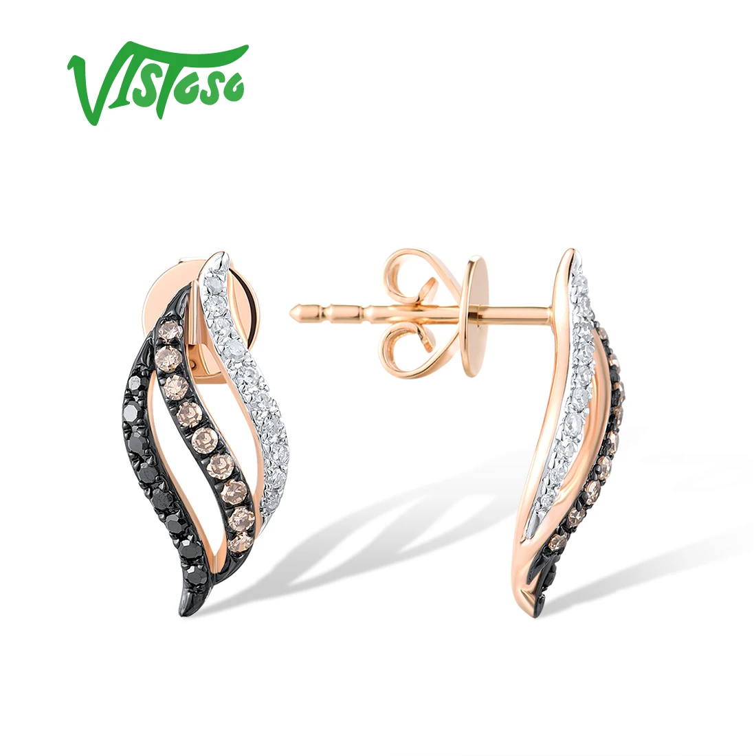 VISTOSO Authentic 14K 585 Rose Gold Earrings For Women Sparkling White Black Diamonds Anniversary Glamorous Gifts Fine Jewelry