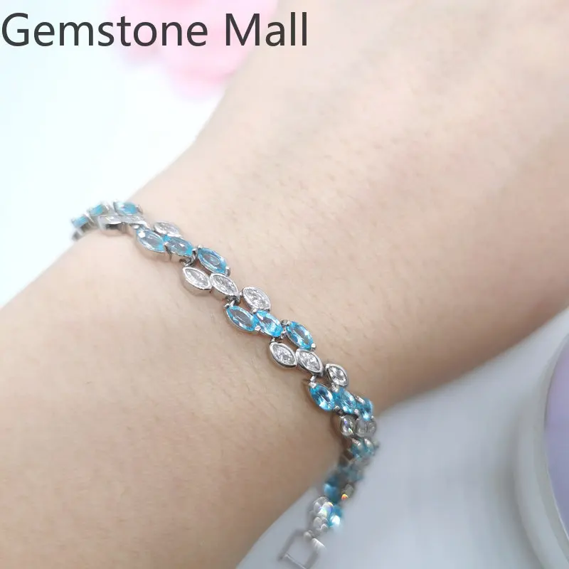 17cm Light Blue Natural Topaz Bracelet 30 Pieces 2.5mm * 5mm Total 3ct Topaz Silver Bracelet  925 Silver Topaz Jewelry